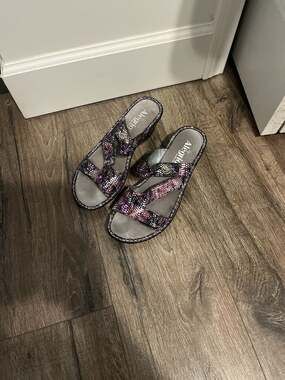 Alegria Loti Purple Pink Funtastic Snake Pattern Wedge Sandals